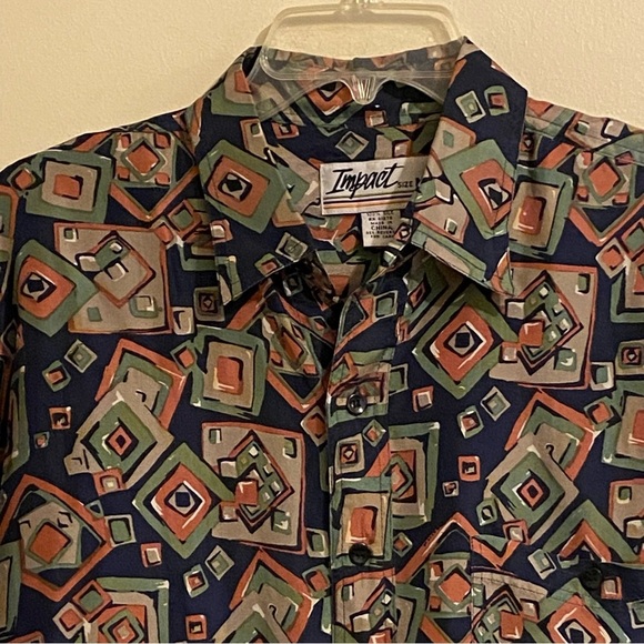 Vintage 90s IMPACT 100% Silk Men's Geometric Button Up M Long Sleeve Shirt Y2K - Picture 3 of 11